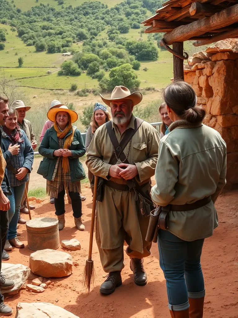 A candid image of a costumed guide leading a group of visitors through an outdoor ochre quarry, with tools and ochre stones visible, set against the lush Berry countryside.
