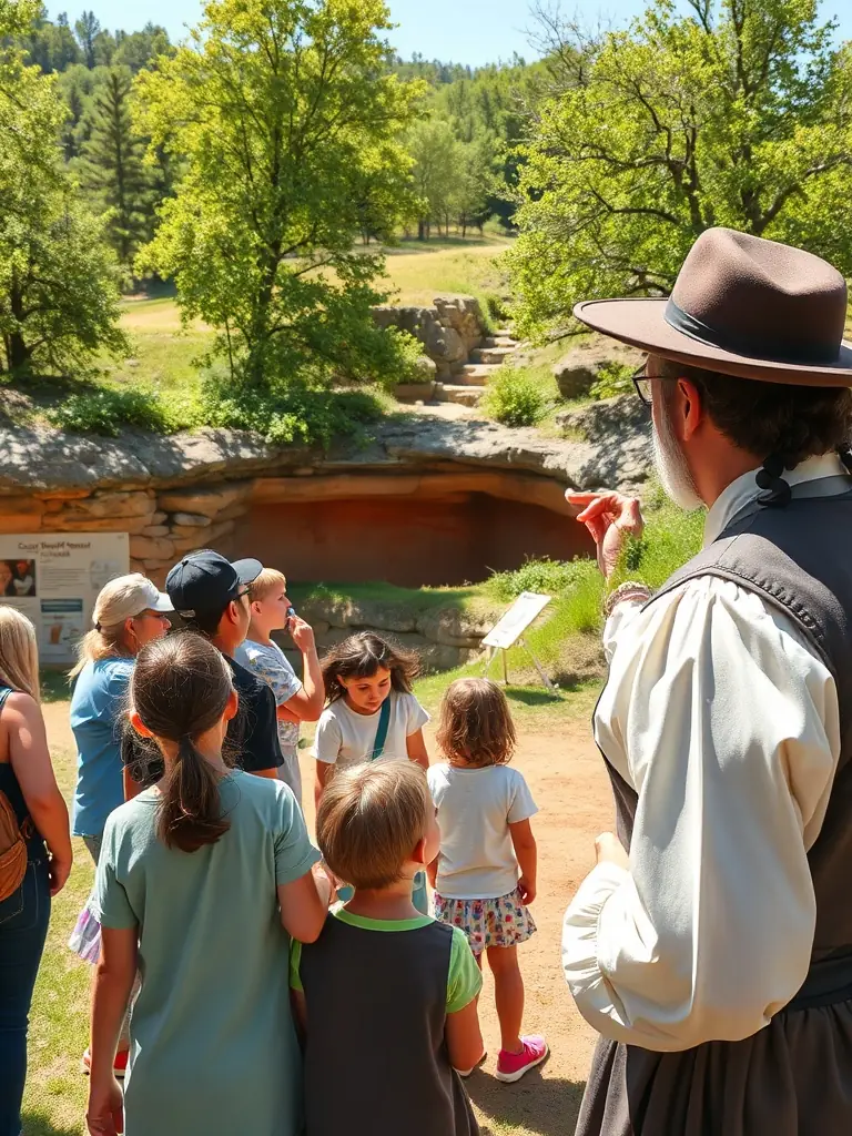 A detailed image of a costumed guide leading a group through an outdoor ochre quarry, with interpretive signs and lush greenery in the background.