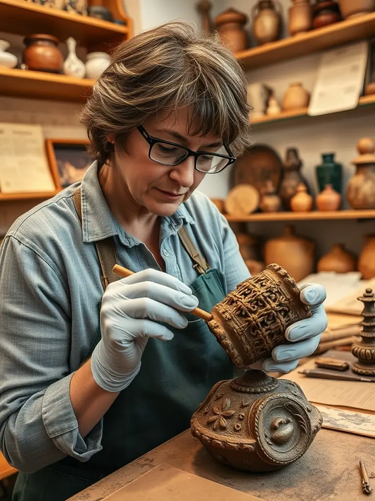 A vibrant photo of a traditional Berry artifact being carefully restored by a museum volunteer, with shelves of local crafts and historical documents in the background.