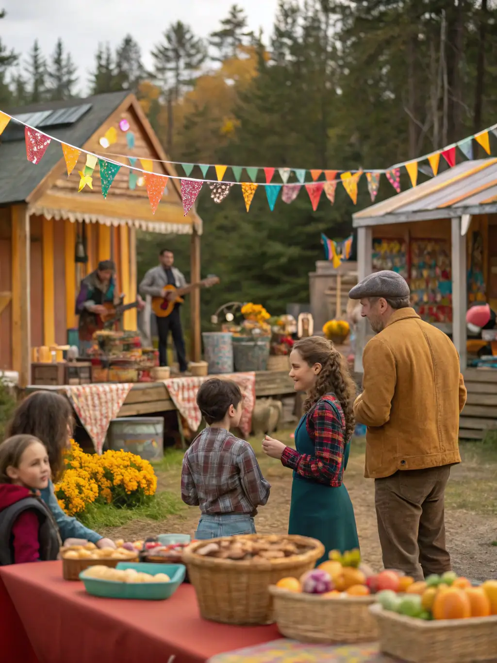 A lively scene of families and seniors enjoying a folk music performance in the museum’s courtyard, with musicians in traditional Berry attire and colorful banners overhead.