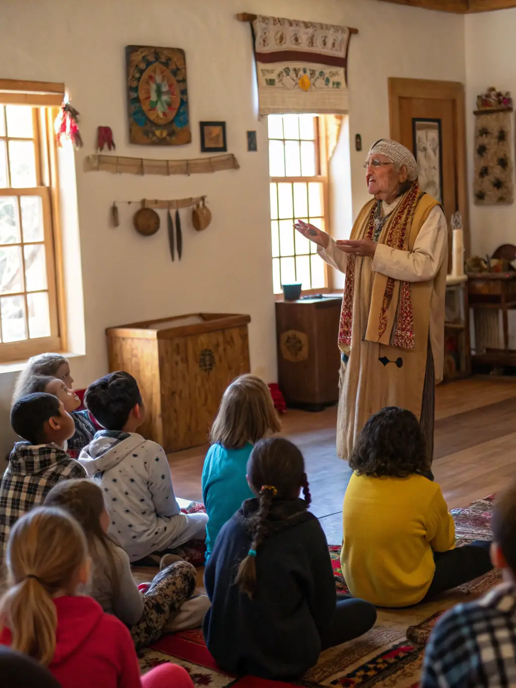 A cozy scene of seniors and children gathered around a storyteller in a museum room decorated with Berry folk art and traditional costumes.
