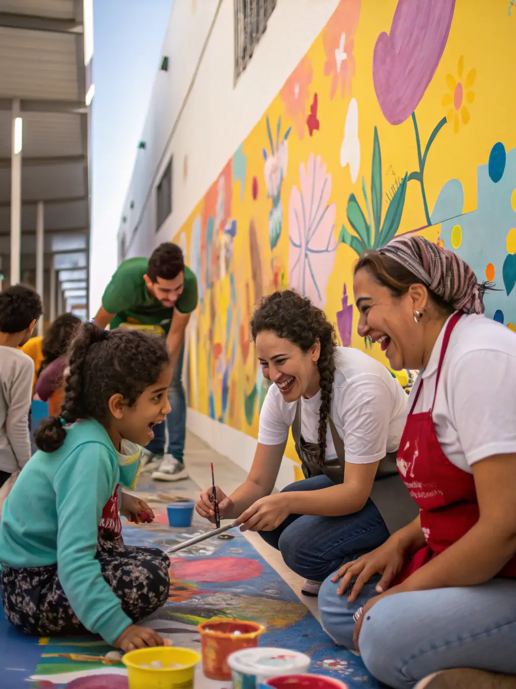 A multigenerational group, including seniors and teenagers, working together on a community mural project inspired by Berry folklore, with museum staff offering guidance.