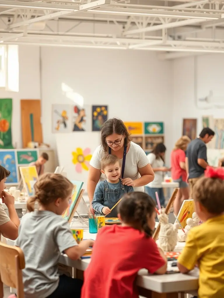 A vibrant photograph of children and adults participating in a hands-on ochre painting workshop inside the museum, with historical artifacts and ochre pigments visible on rustic wooden tables.