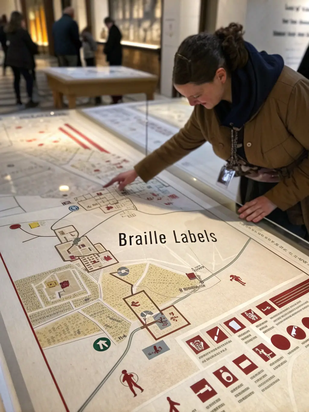 A museum educator presenting a tactile exhibit for visually impaired visitors, with braille labels and hands-on objects, ensuring accessibility for all guests.