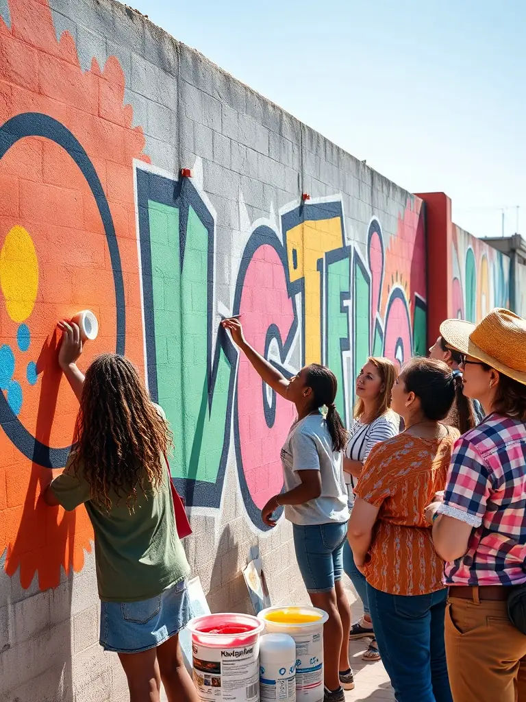 A lively photo of community members collaborating on a large mural depicting scenes from Berry’s history, with museum staff assisting.