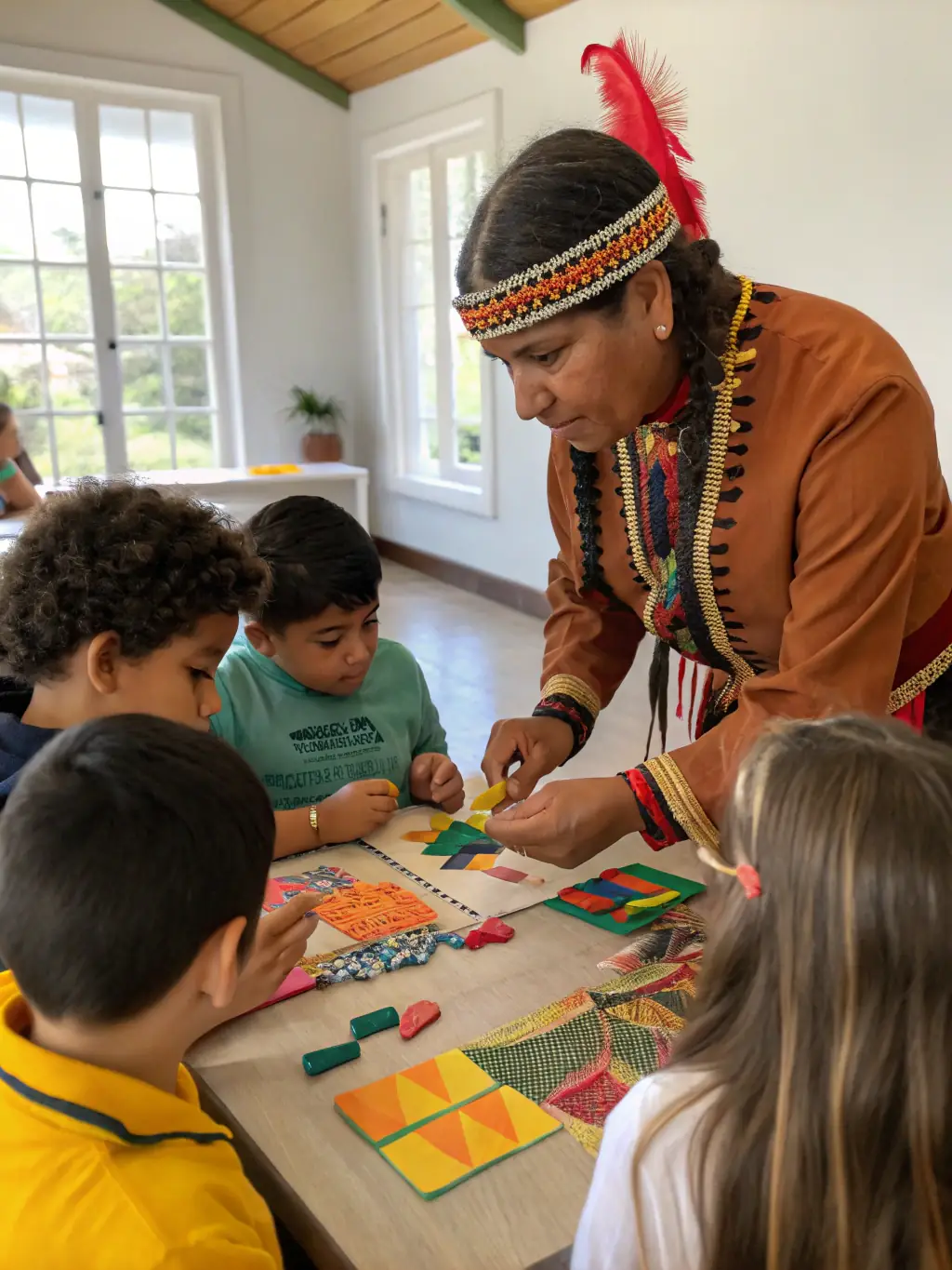 A group of children and a museum educator gathered around a table, examining ochre pigments and traditional tools, with historical artifacts in the background, inside a bright, welcoming classroom at the St Georges Museum.