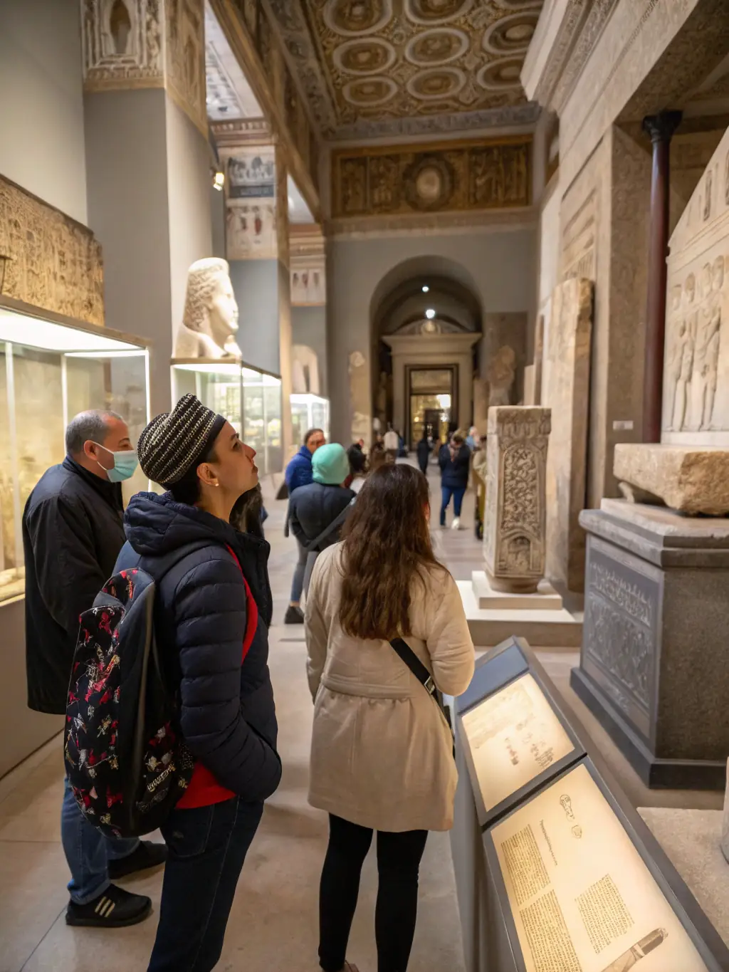 A detailed shot of children and adults examining old photographs, documents, and handcrafted objects during an interactive heritage discovery day inside the museum’s main exhibition hall.